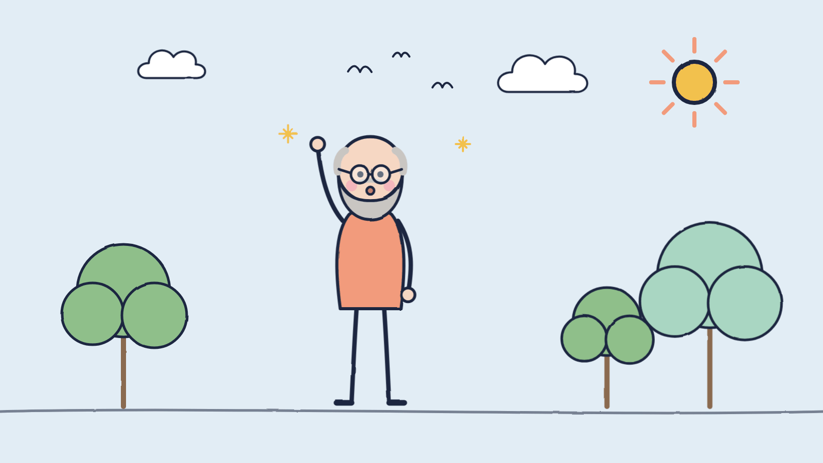 Doodle of a grandfather with glasses and a gray beard looking up in wonder at birds, clouds and trees