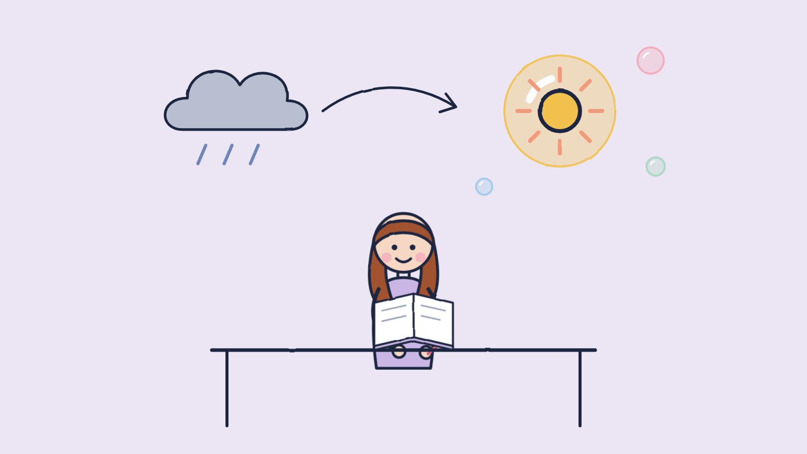 Doodle of a woman writing in a journal while a rain cloud turns into a bright sun above her