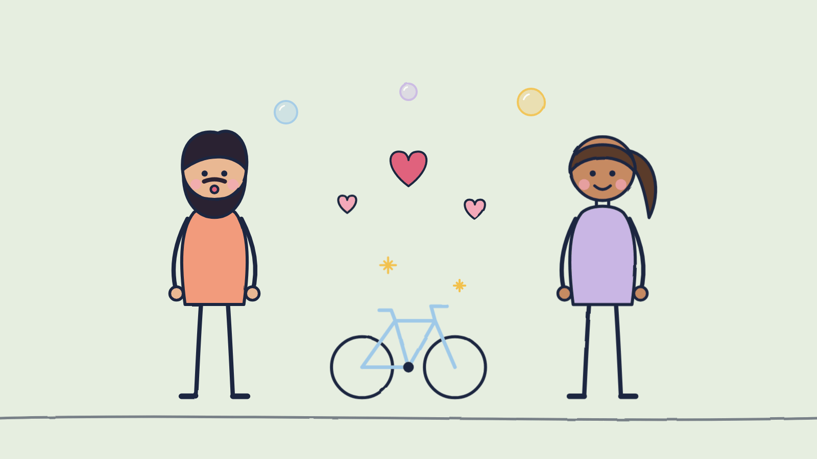 Doodle of a man and a woman smiling at each other over a fixed bike with hearts floating between them
