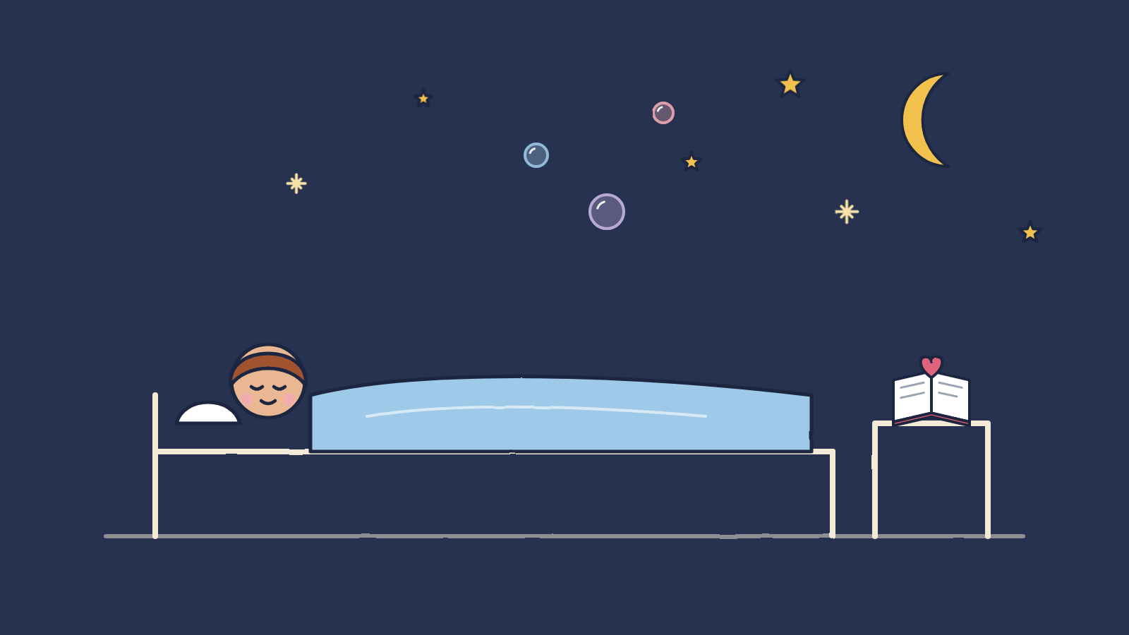 Doodle of a person sleeping peacefully under a moon and stars with a journal on the nightstand