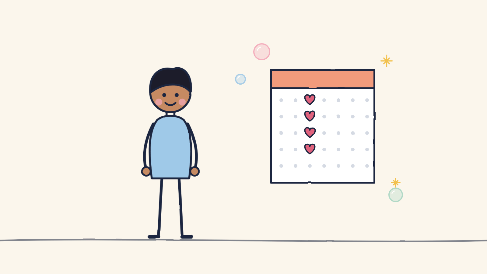 Doodle of a smiling man next to a calendar with a heart on the same day each week