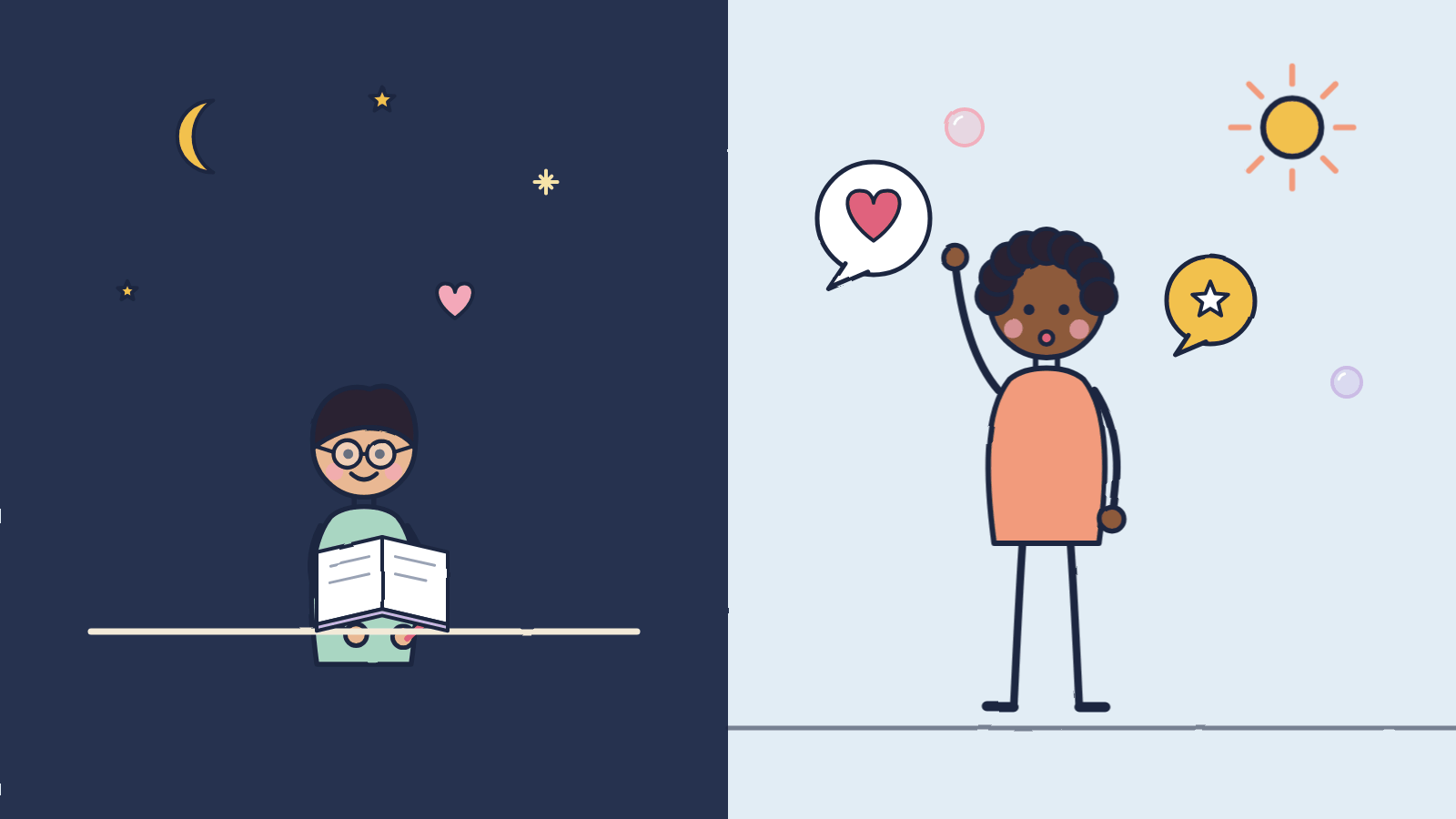 Doodle of a quiet man writing alone at night next to an outgoing woman sharing good news in speech bubbles by day