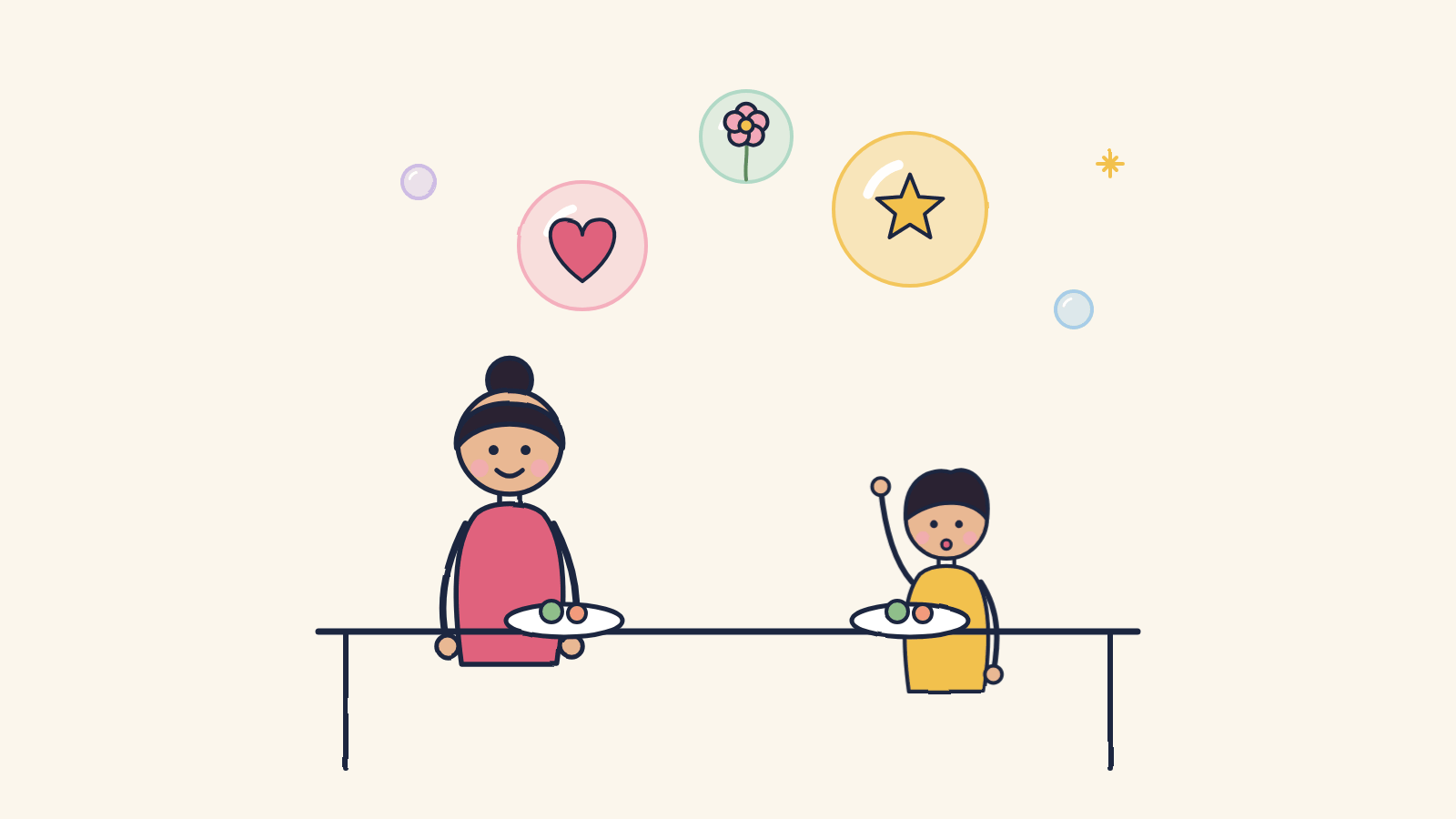 Doodle of a mom and her young son at the dinner table sharing good things in bubbles above them