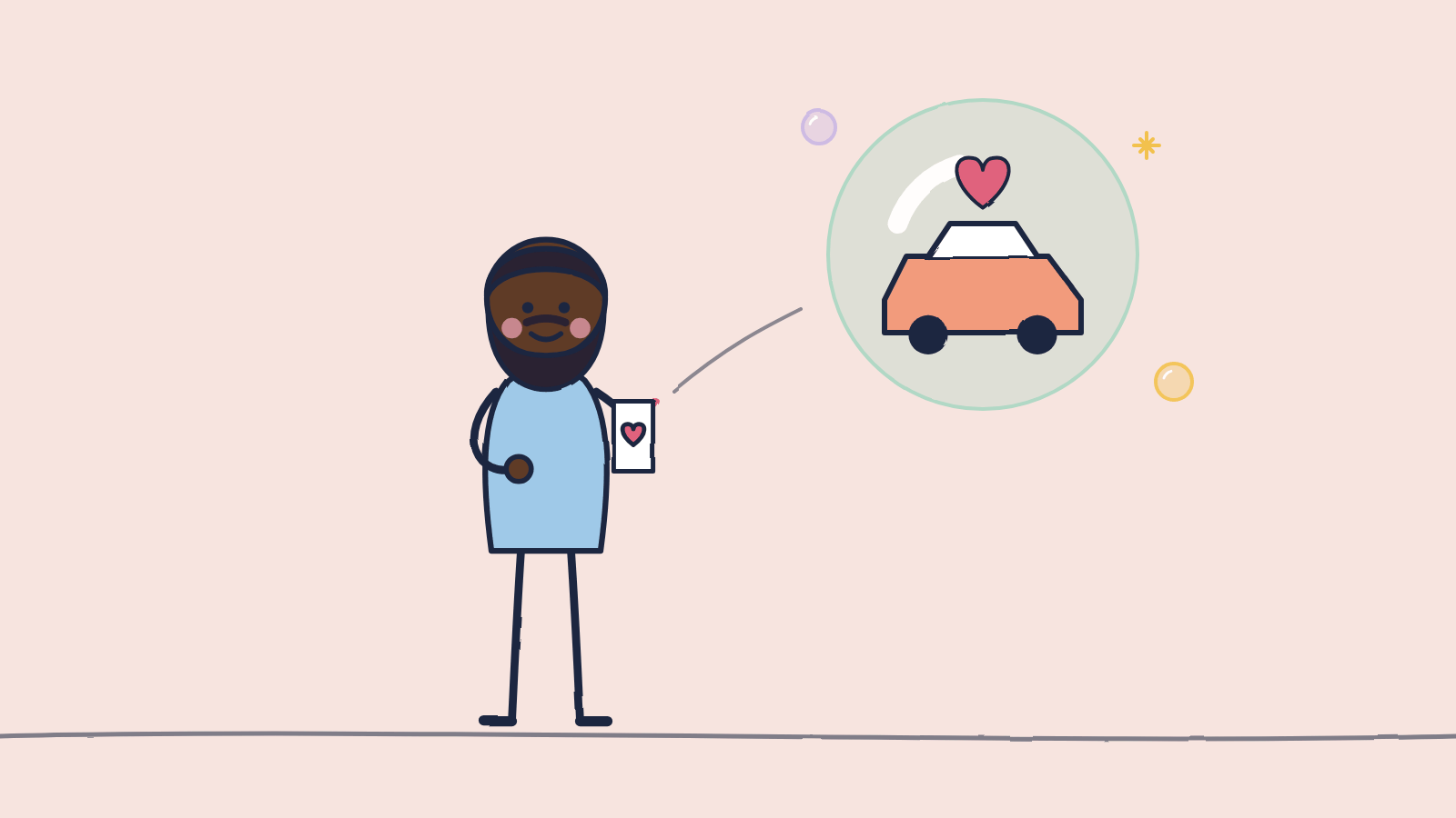 Doodle of a bearded man texting a heart on his phone while remembering learning to drive in a bubble