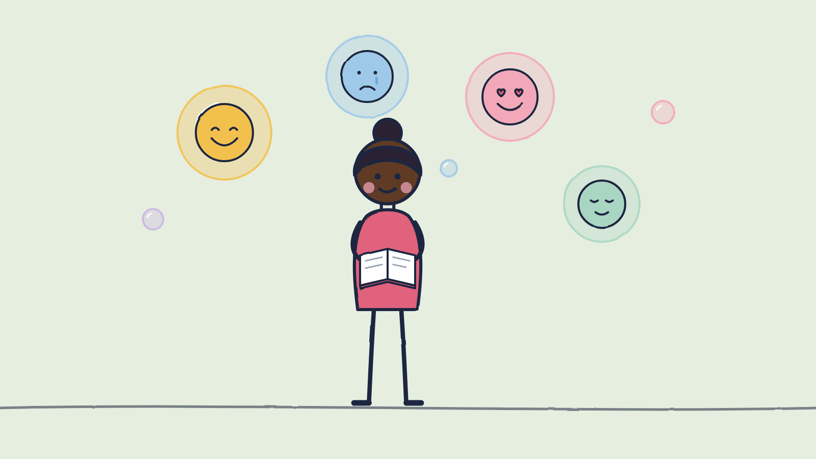 Doodle of a woman holding her journal surrounded by bubbles with happy, sad, loving and calm faces