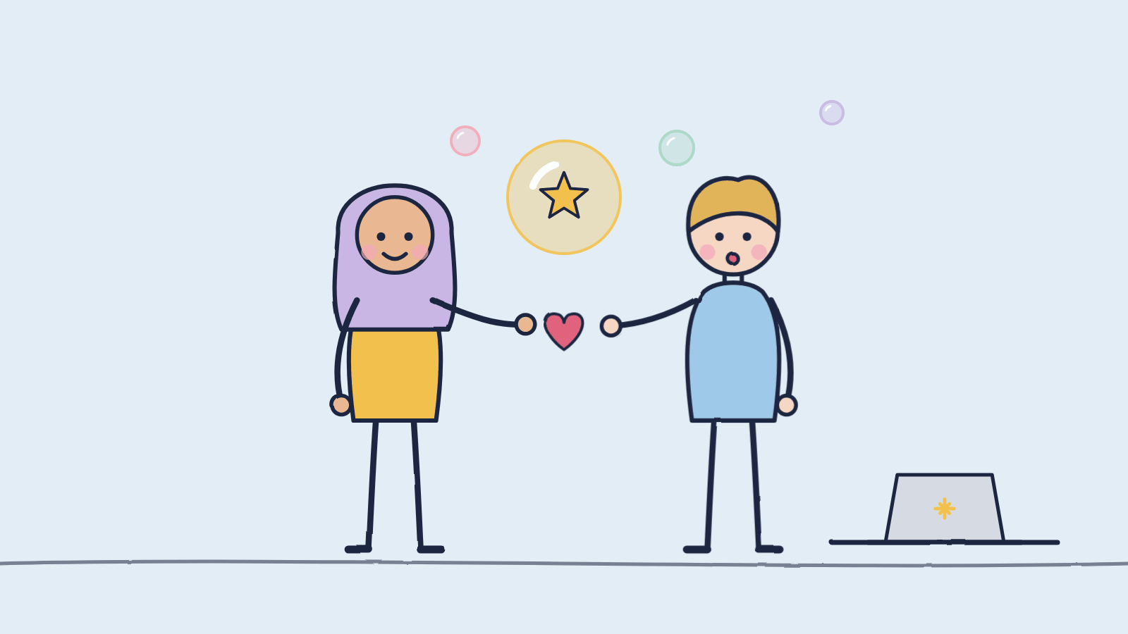 Doodle of a woman in a hijab thanking her coworker with a heart as a star bubble floats above