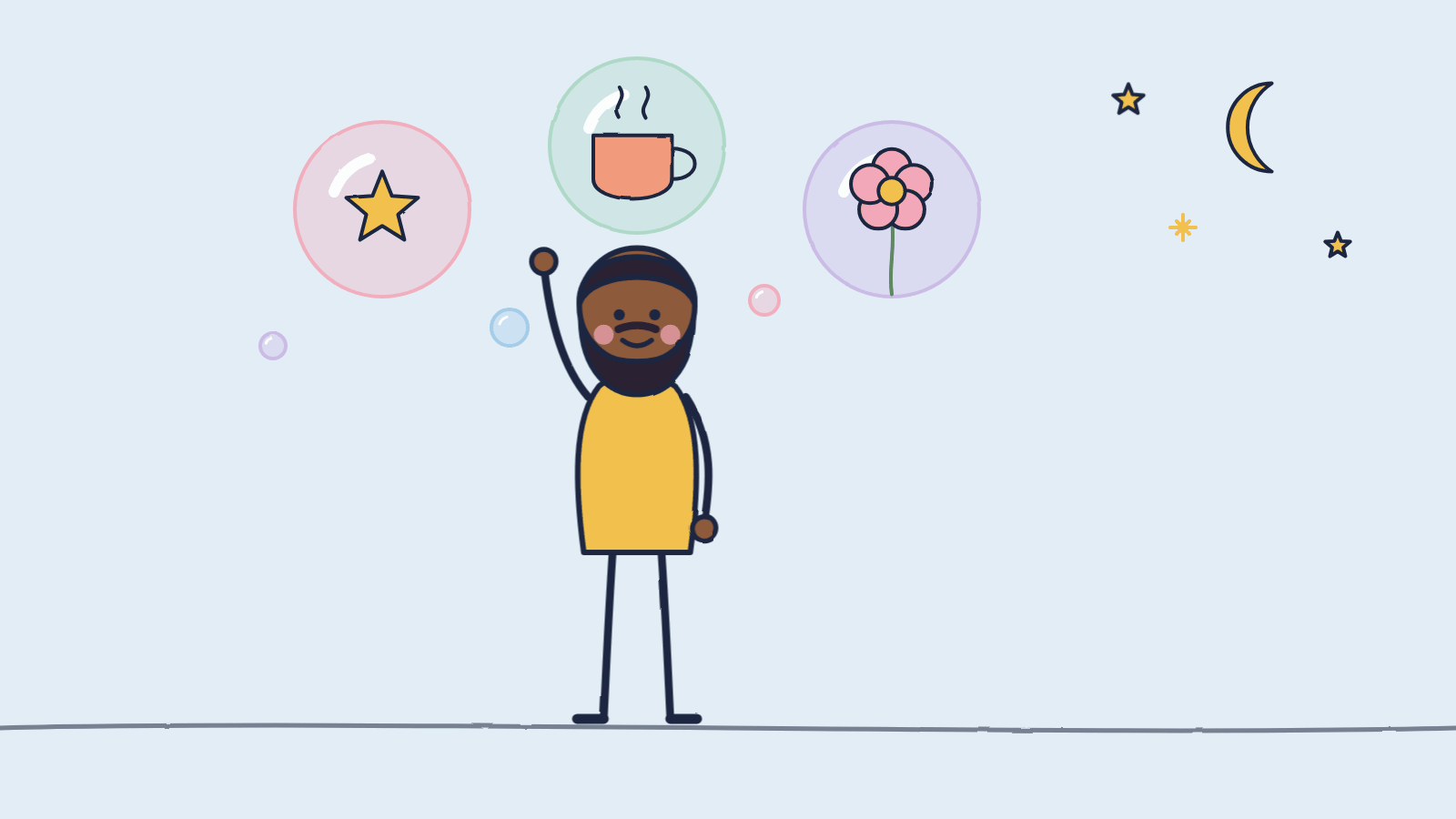 Doodle of a smiling bearded man reaching up toward three bubbles holding a star, a cup of coffee and a flower under a night sky