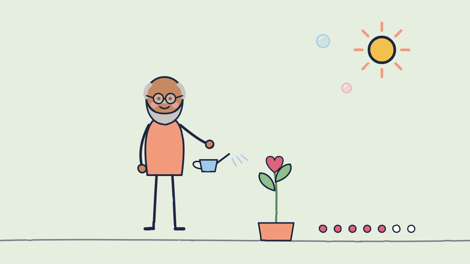 Doodle of an older man in glasses watering a small plant with a heart-shaped bloom next to a row of streak dots
