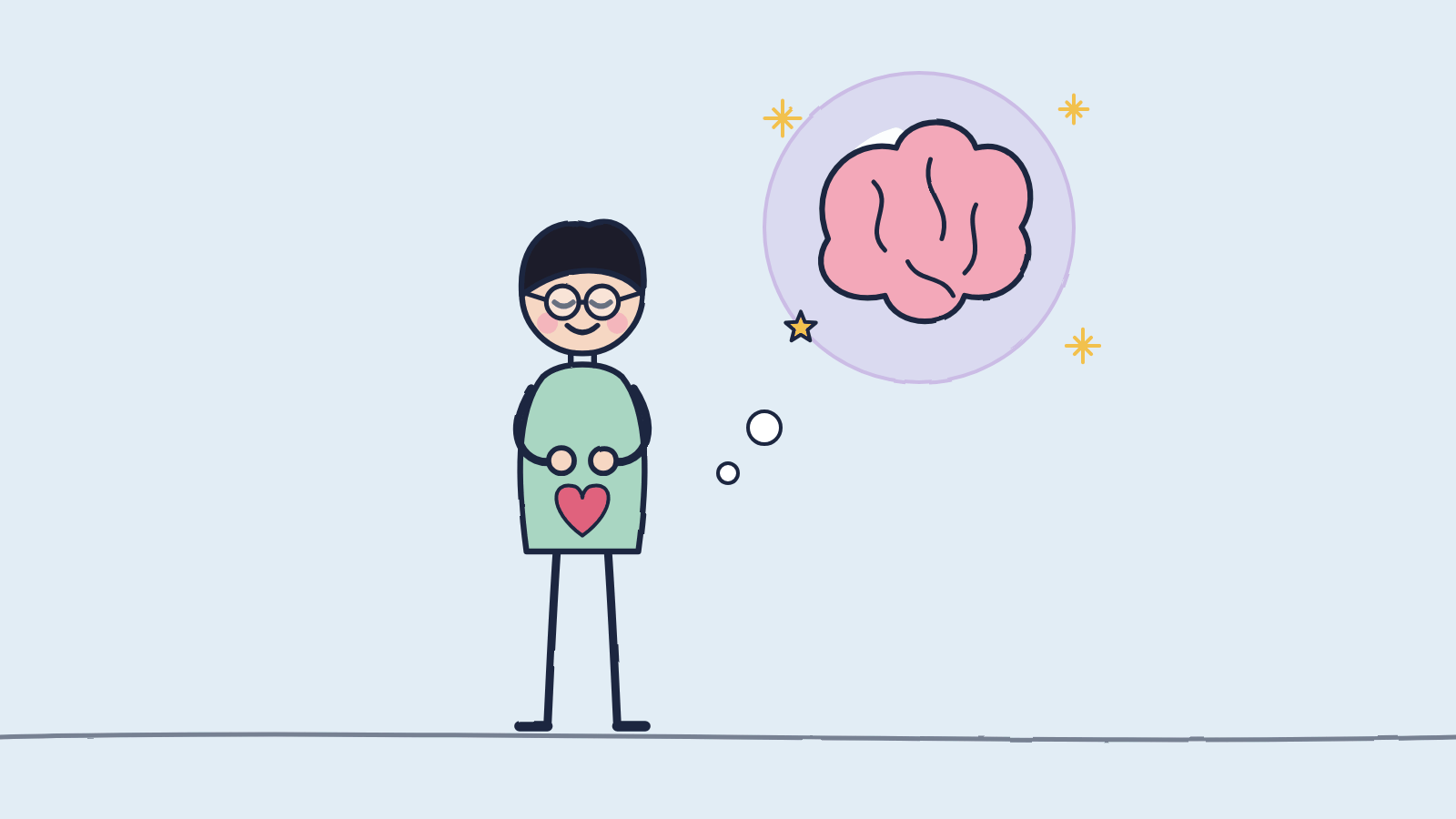 Doodle of a smiling man in glasses holding a heart and dreaming of a glowing brain inside a bubble